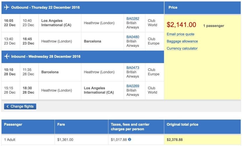 Los Angeles (LAX) to Barcelona (BCN) in business class on British Airways for $2,141.