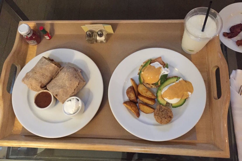 Two of our breakfast entrees, delivered hot to our room.