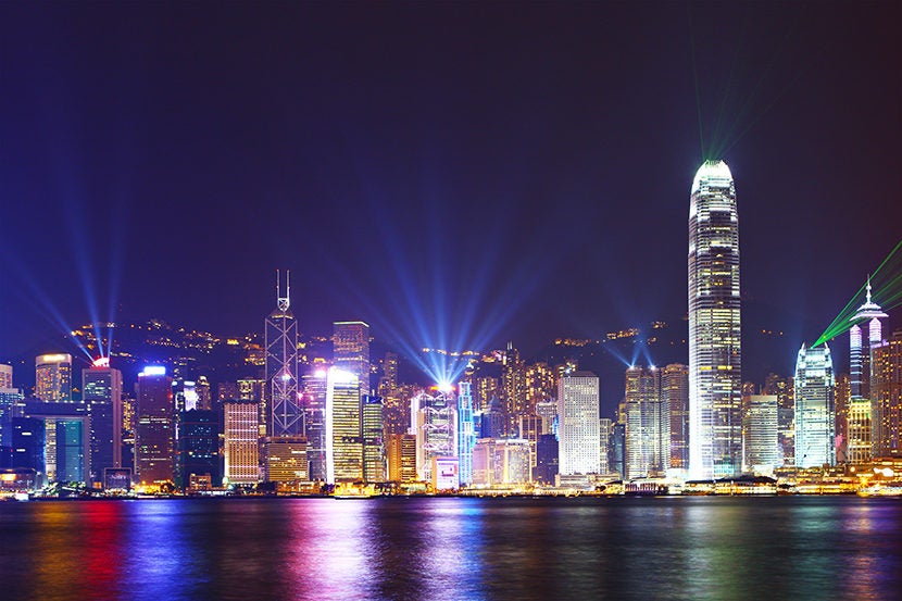 Hong Kong comes alive every night at 8:00pm. Image courtesy of <a href="http://www.shutterstock.com/pic-158201477/stock-photo-hong-kong-skyline-at-night.html?src=TeEmNEbkxo84FcZXxjNeAA-1-30">Shutterstock</a>.